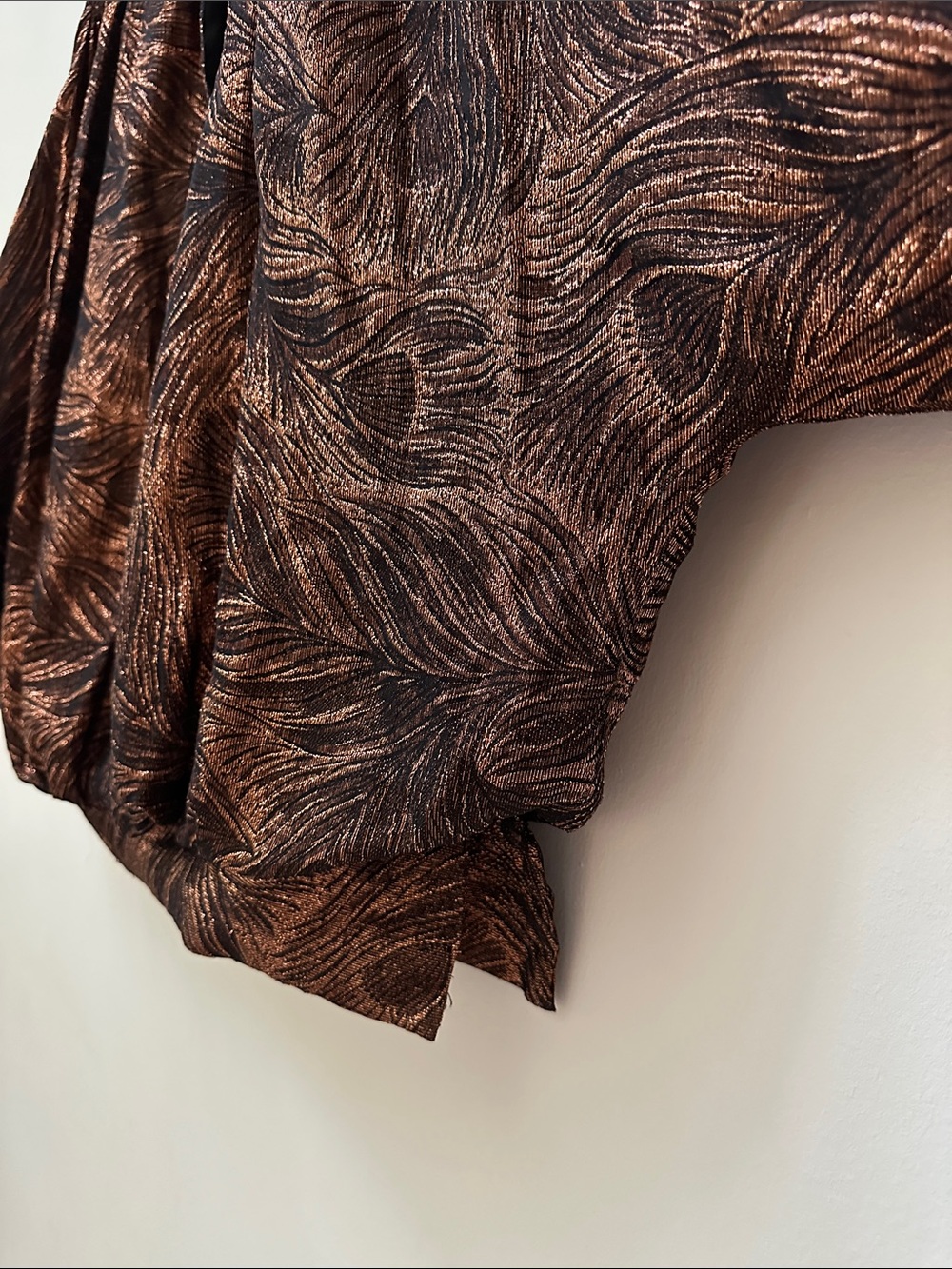 Silk Vintage 80s Metallic Bronze V-Neck Puff Sleeve Blouse - Picture 3 of 7